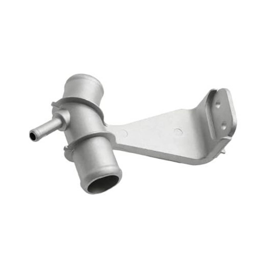Car coolant outlet pipe with silver metal bracket and inlet/outlet hose connections