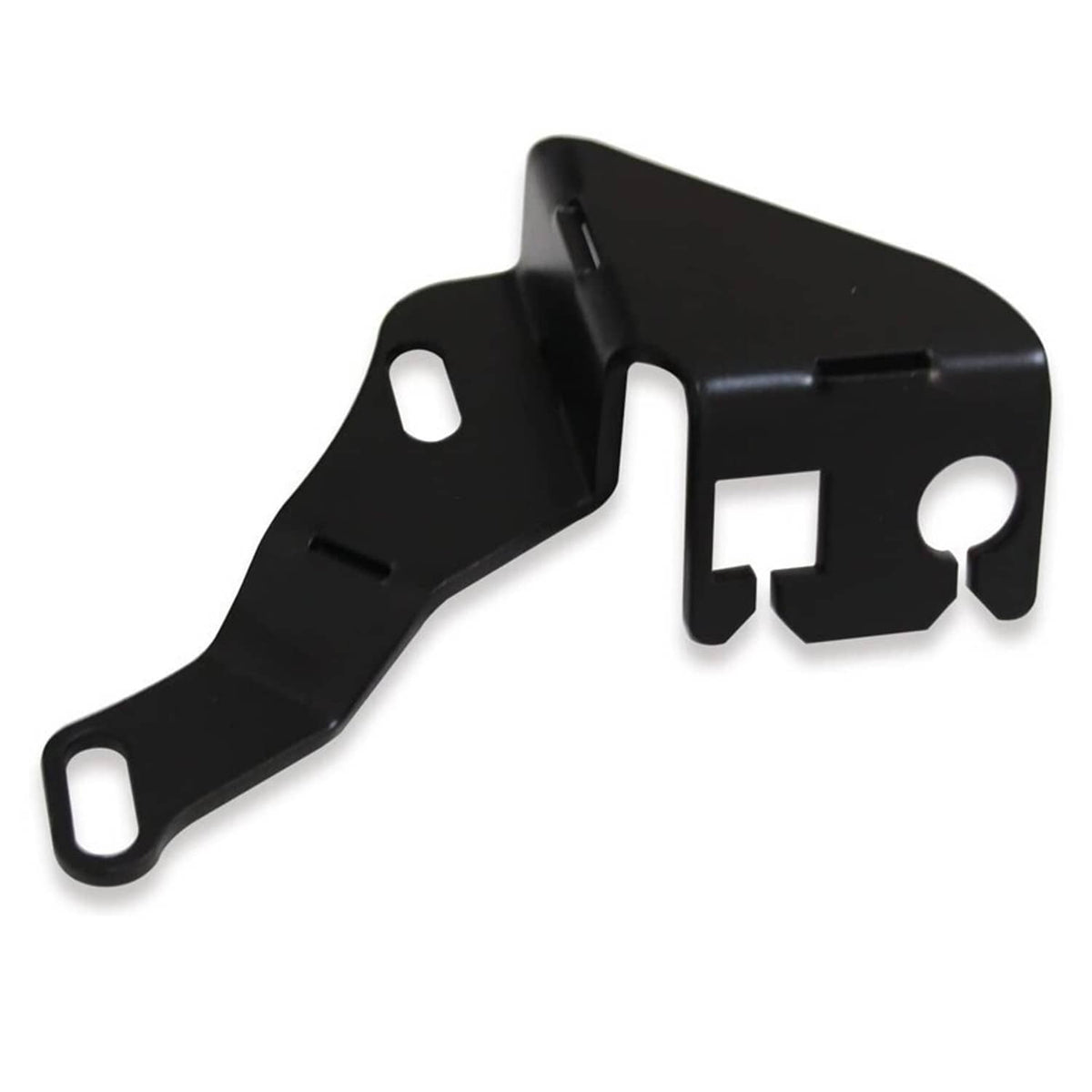Black throttle cable bracket with two large mounting holes and rectangular latch opening