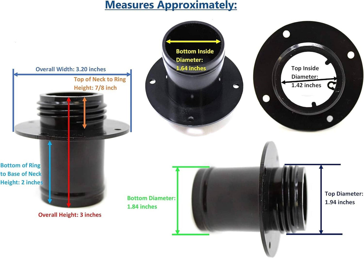 Jet ski fuel cap and filler neck kit with flange; includes round gasket and mounting face
