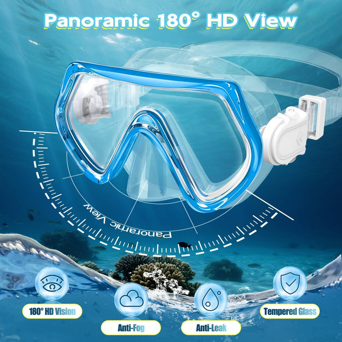Kids clear snorkeling mask with blue frame and snorkel-side mounting clip