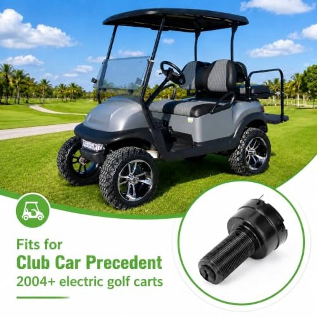 Golf cart ignition switch starter shown in close-up with black threaded body