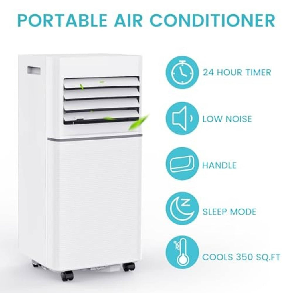 White portable air conditioner with front louvers, wheels, and handle, shown with icons