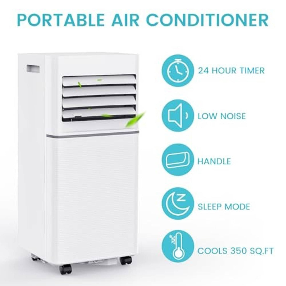 White portable air conditioner with front louvers, wheels, and handle, shown with icons
