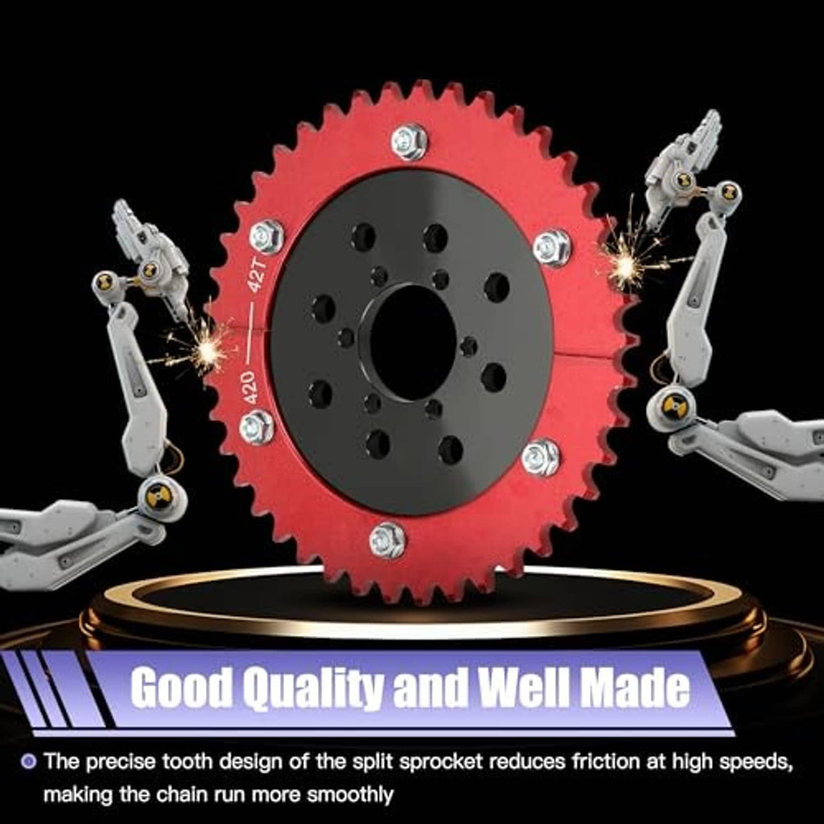 Red split sprocket with black hub center and silver hardware on white background