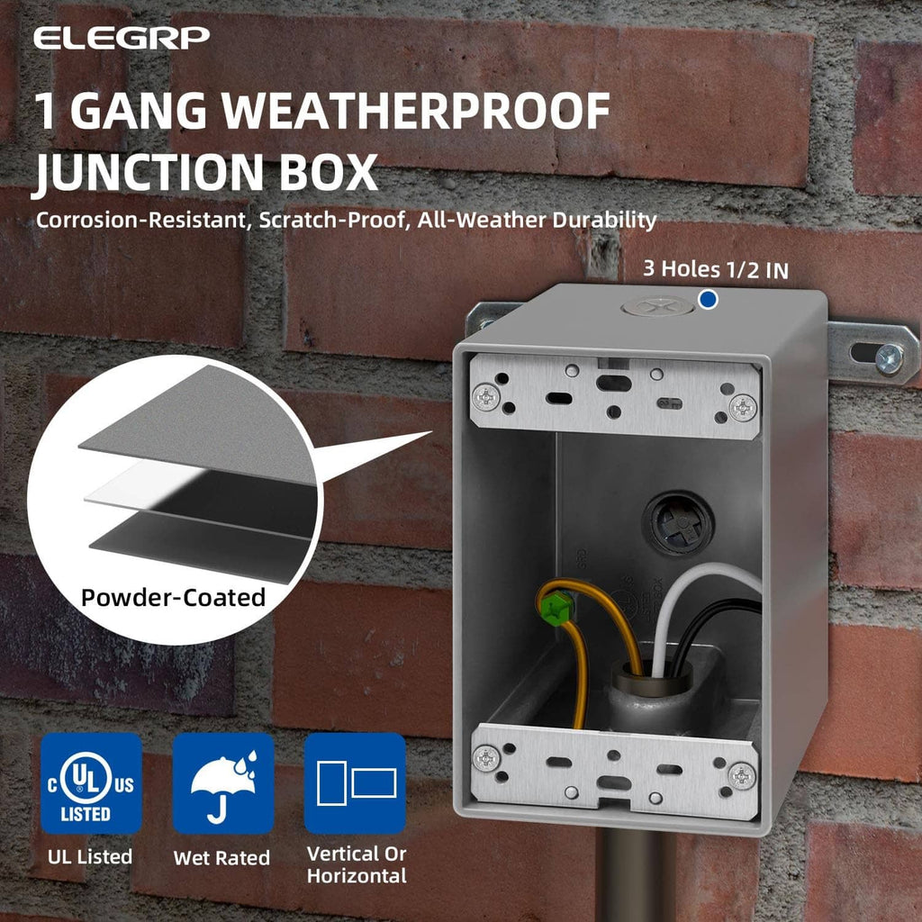 1-gang weatherproof junction box with powder-coated gray cover and mounting holes