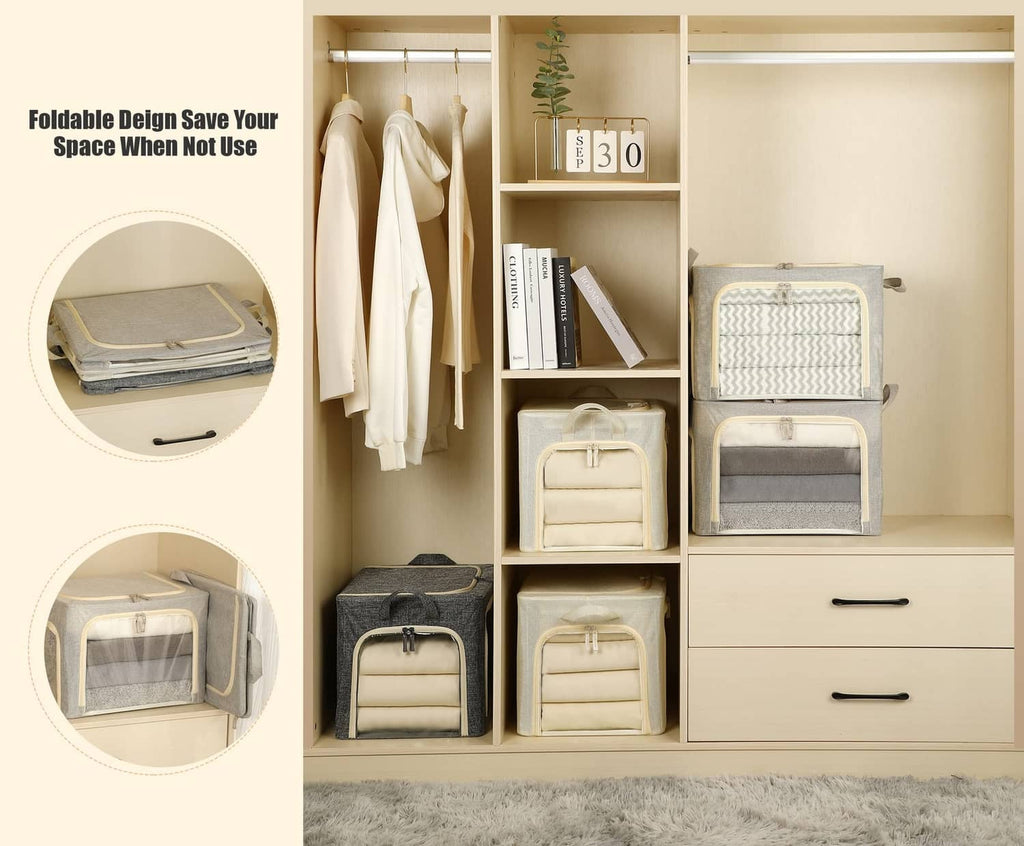 Gray foldable clothes storage bins in a closet, with white handles and open top