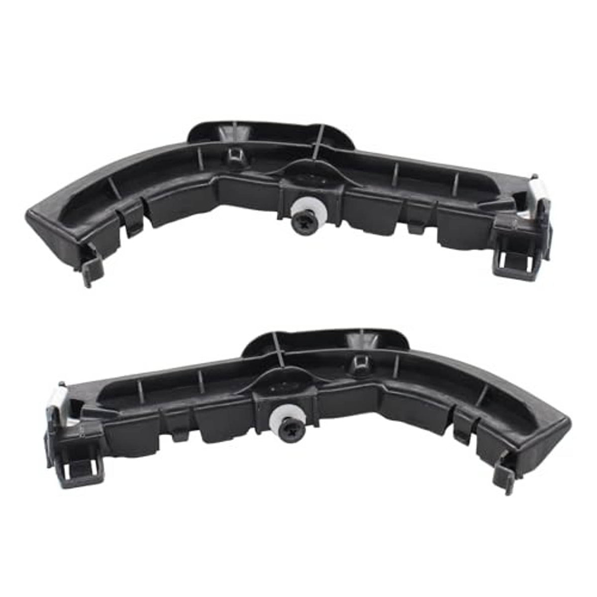Front bumper support bracket set, black plastic with clips and central round fastener