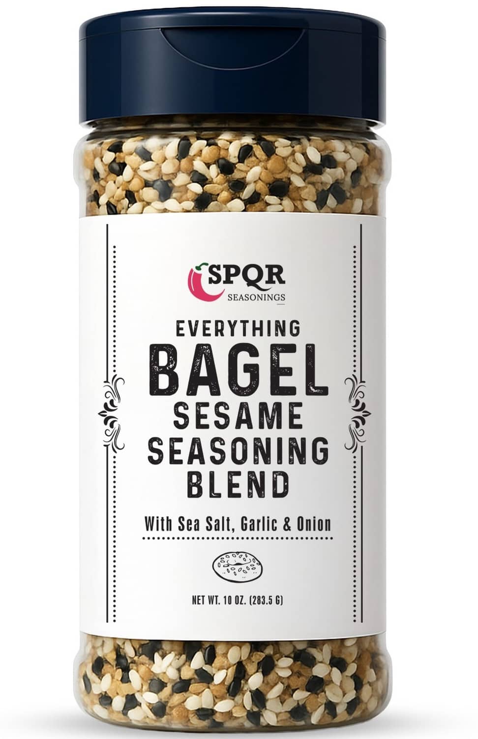 Everything bagel sesame seasoning blend jar with blue cap and front label, XL size