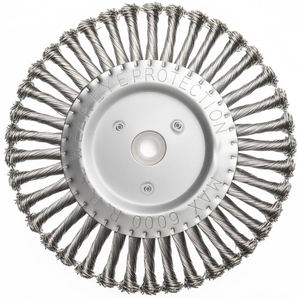 8-inch stainless steel twisted wire wheel with circular mounting plate and wire bristles