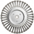 8-inch stainless steel twisted wire wheel with circular mounting plate and wire bristles