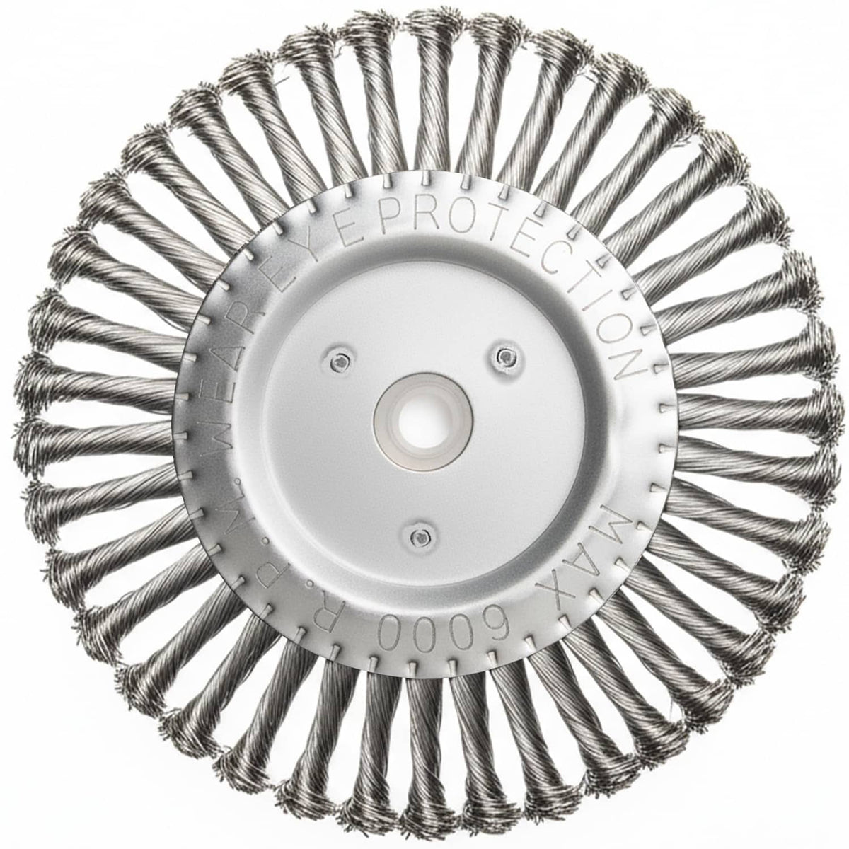 8-inch stainless steel twisted wire wheel with circular mounting plate and wire bristles