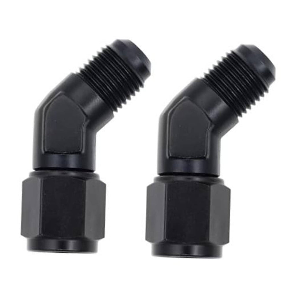 Black 45-degree swivel flare fittings, 2-pack AN female-to-male adapters