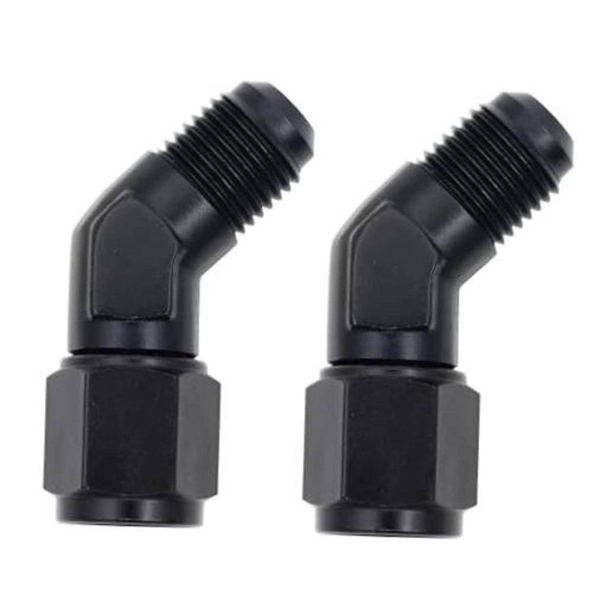 Black 45-degree swivel flare fittings, 2-pack AN female-to-male adapters