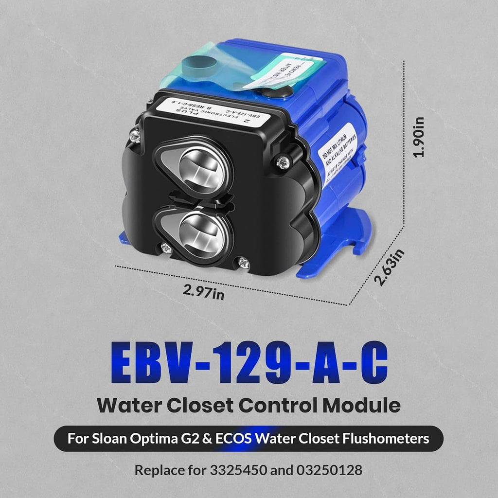 Toilet water closet control module with black dual sensor face and blue compact housing