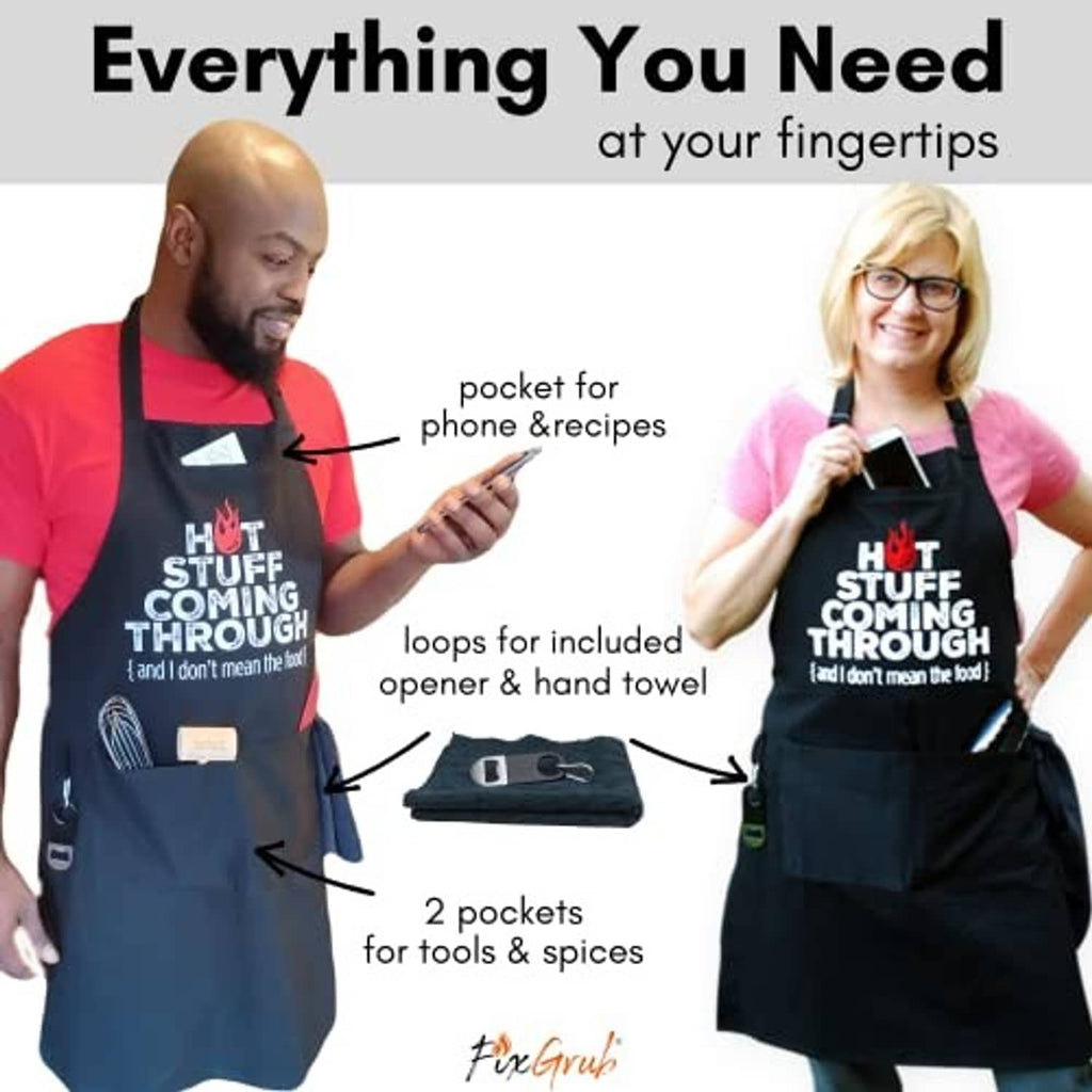 Black chef apron with “Hot Stuff Coming Through” print and 3 pockets for phone and tools