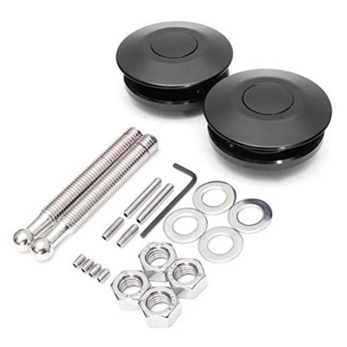 Black hood quick latch pins set with two round caps, screws, hex nuts, and washers