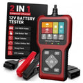 Red OBD2 scanner and 12V battery tester with screen, buttons, and OBD cable