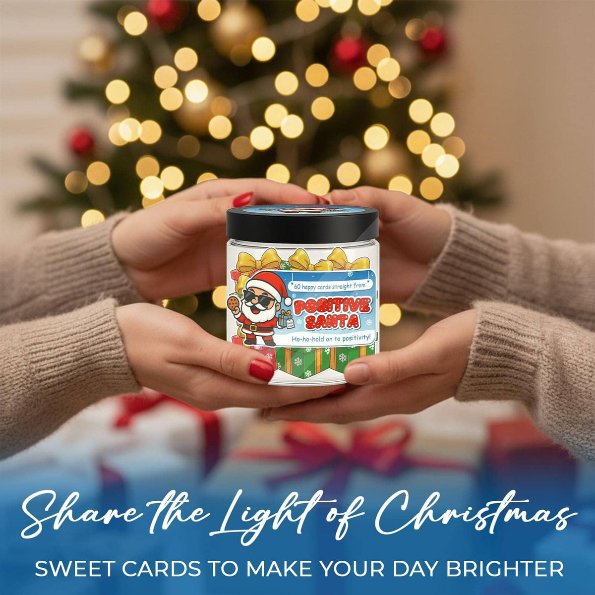 Hands holding Santa-themed affirmation card jar with black lid and colorful label