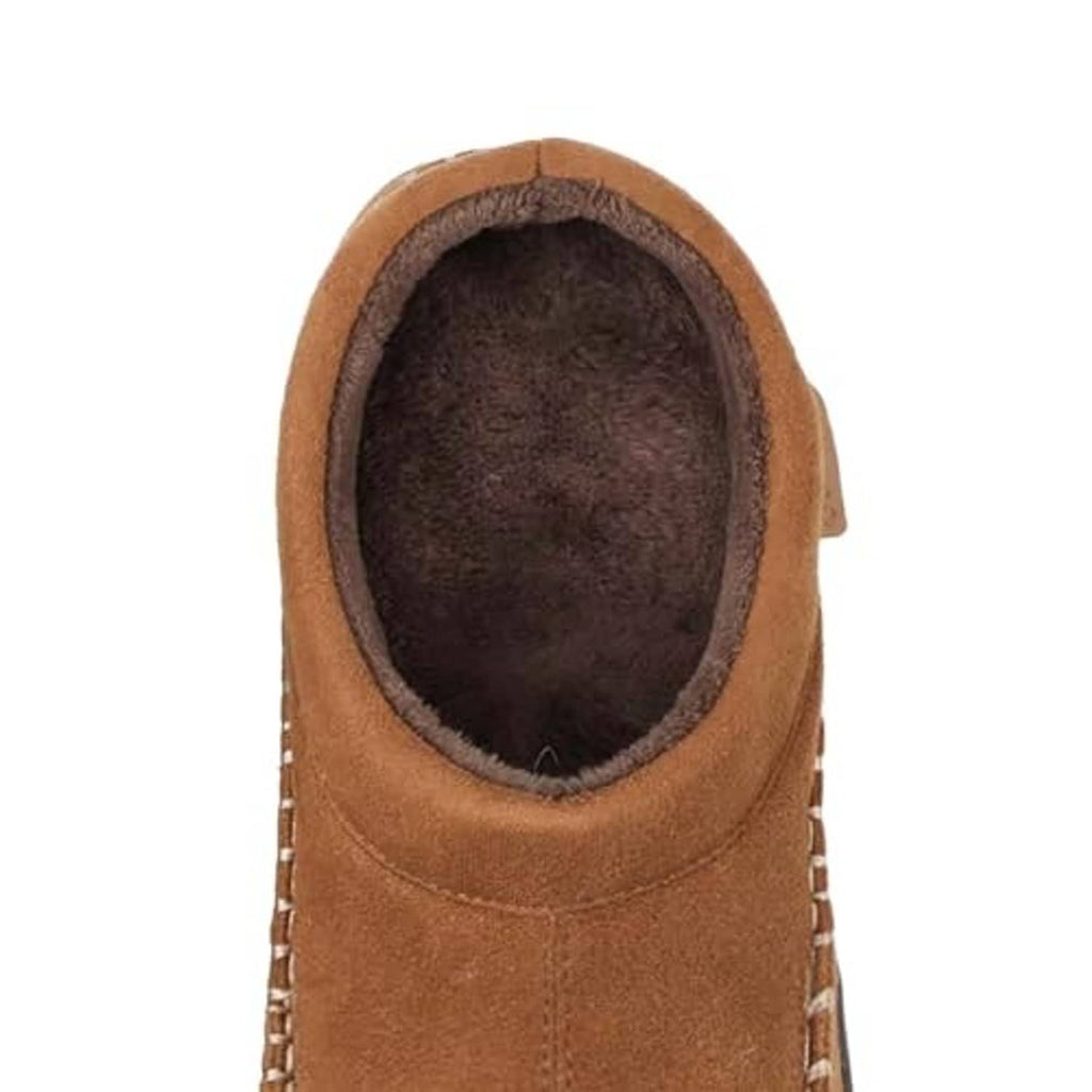 Men's tan suede slip-on moccasin slipper with dark fuzzy interior