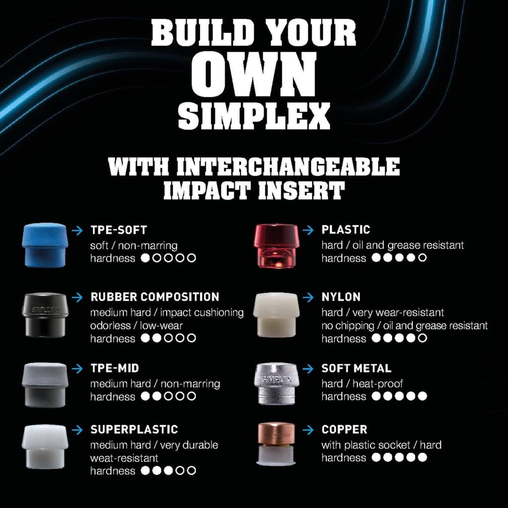 Simplex impact insert options shown in blue, red, black, white, and soft-metal colors.