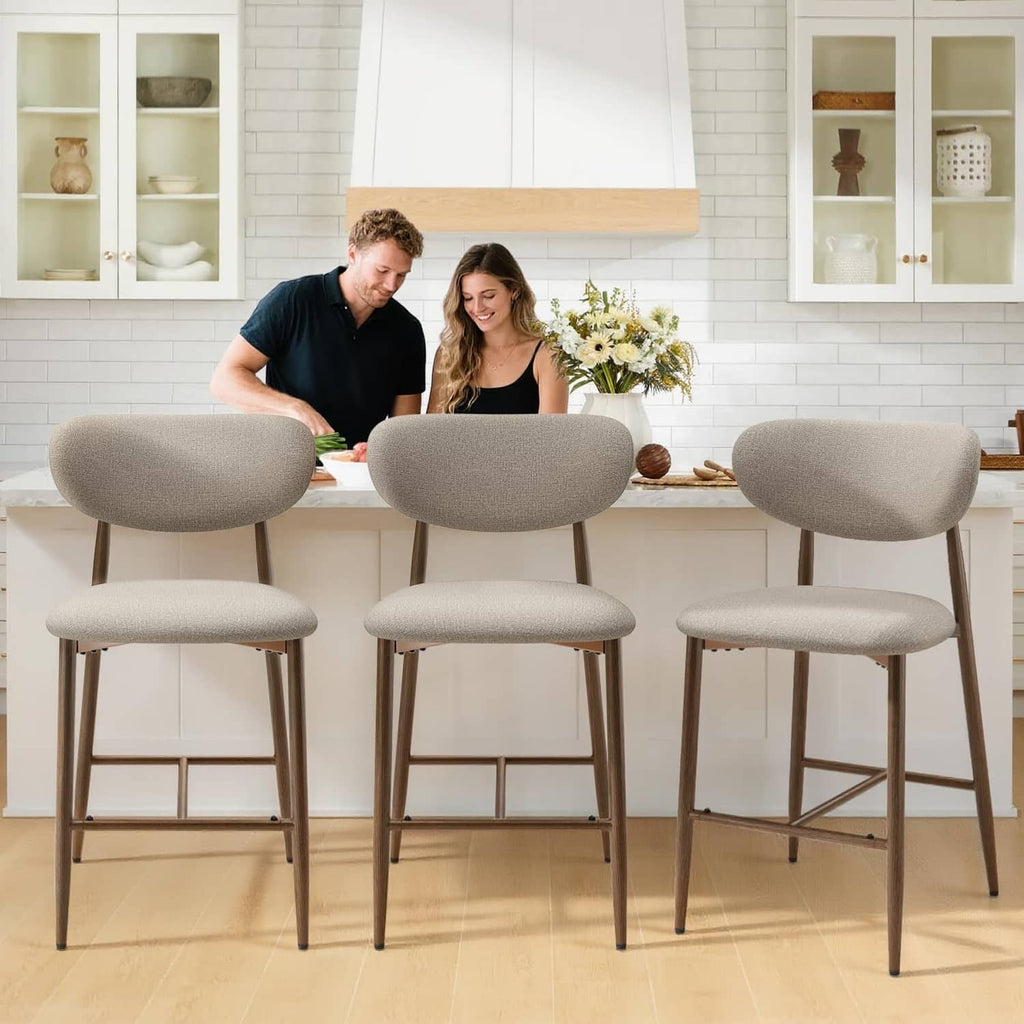 MALOL three counter-height bar stools with round gray seats, dark legs, and footrests