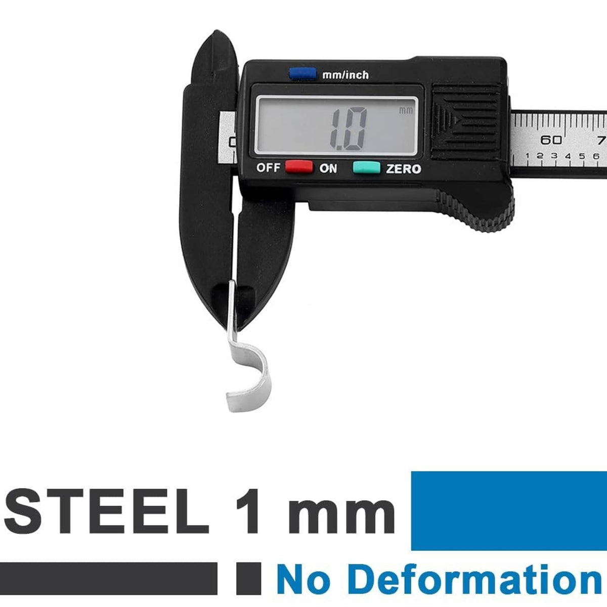 Silver steel one-hole pipe clamp, caliper measurement shown for thickness