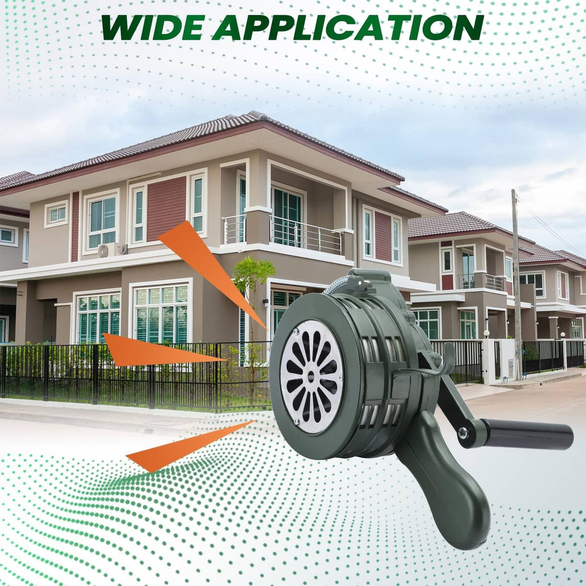 Green handheld crank air raid siren in front view with speaker and trigger handle