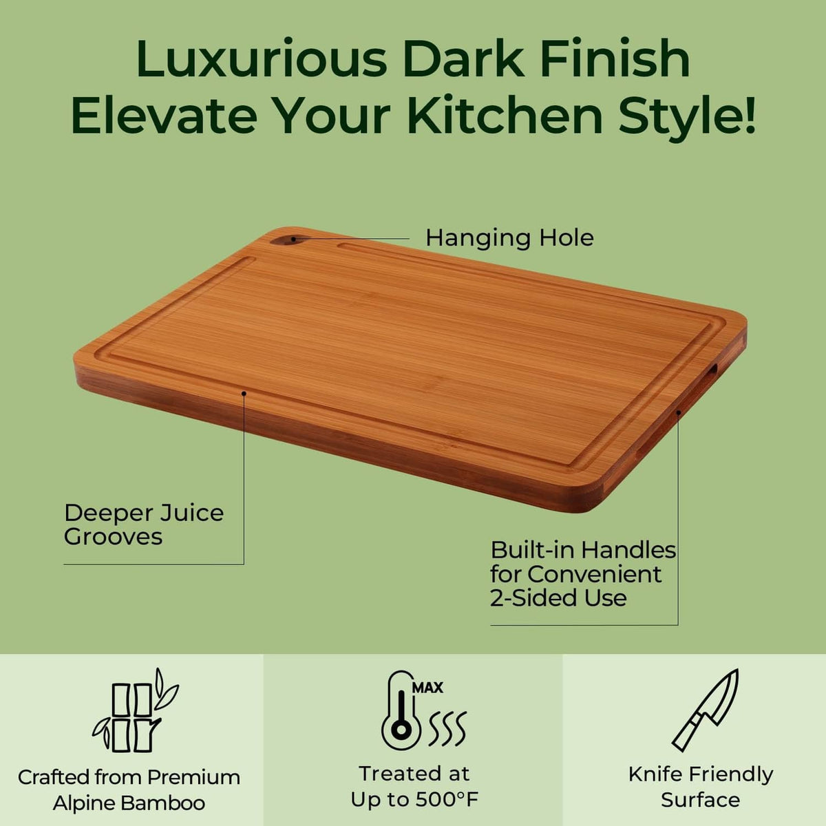 Brown bamboo cutting board with hanging hole and built-in side handles