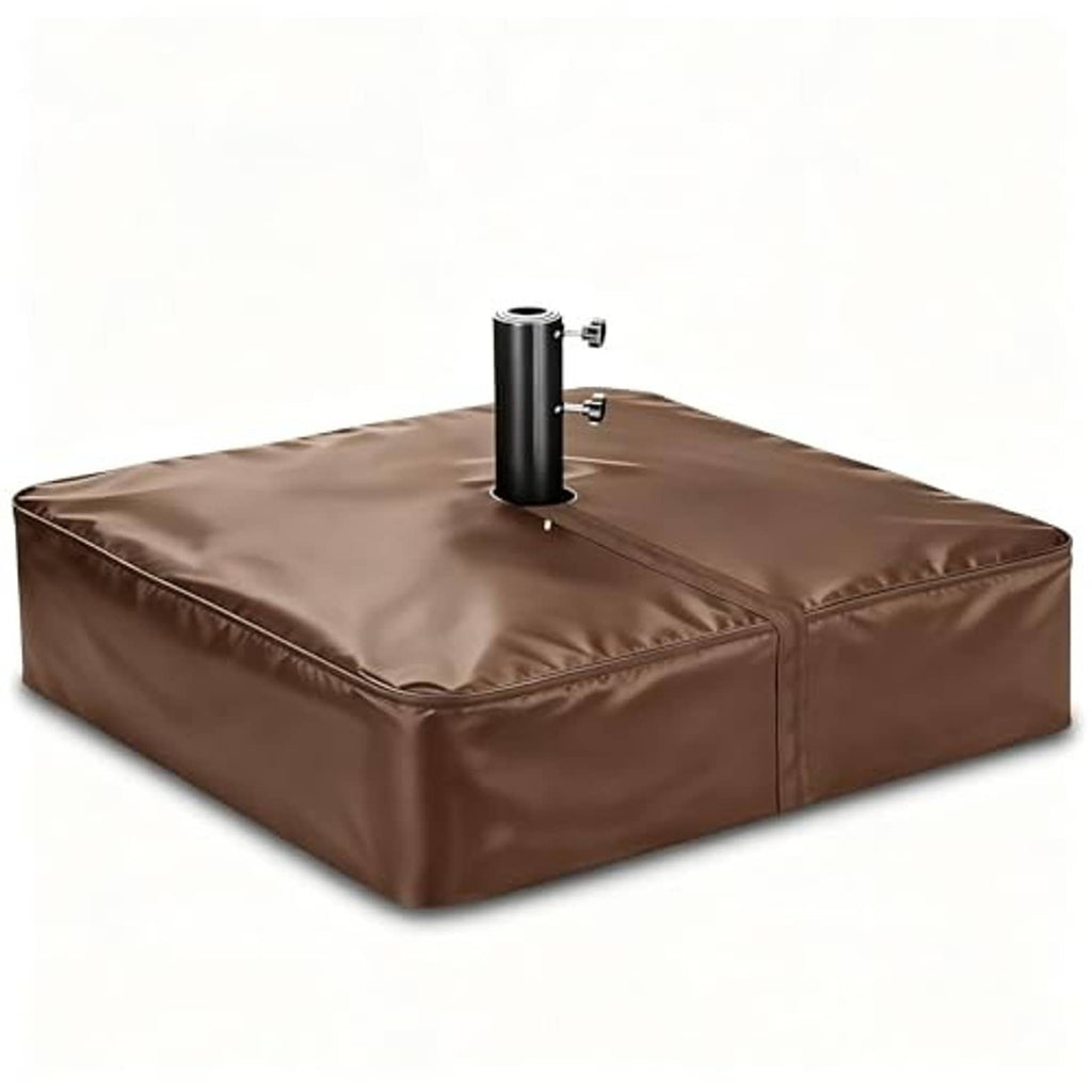 Brown patio umbrella base cover with corner-to-corner seams and center pole opening