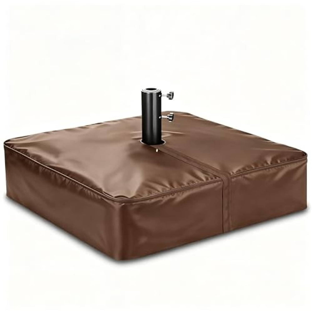 Brown patio umbrella base cover with corner-to-corner seams and center pole opening