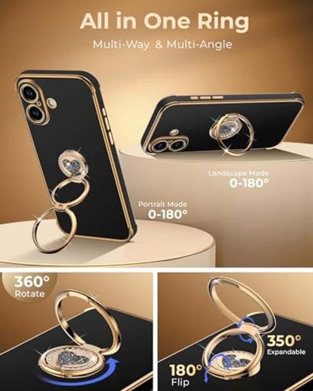 Black phone case with gold ring kickstand and heart charm shown in multi-angle use