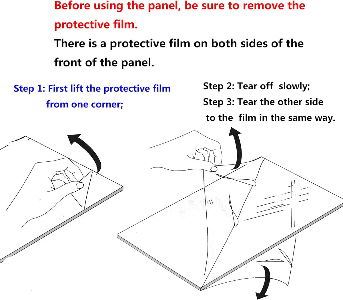 Protective film removal steps diagram for clear acrylic panel on a picture frame