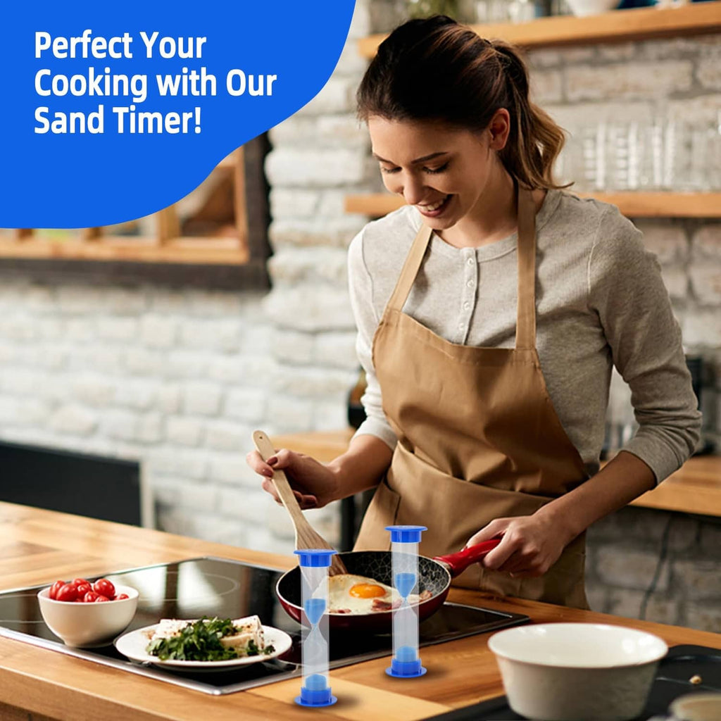 Plastic sand timer hourglass on kitchen counter with blue caps and blue sand