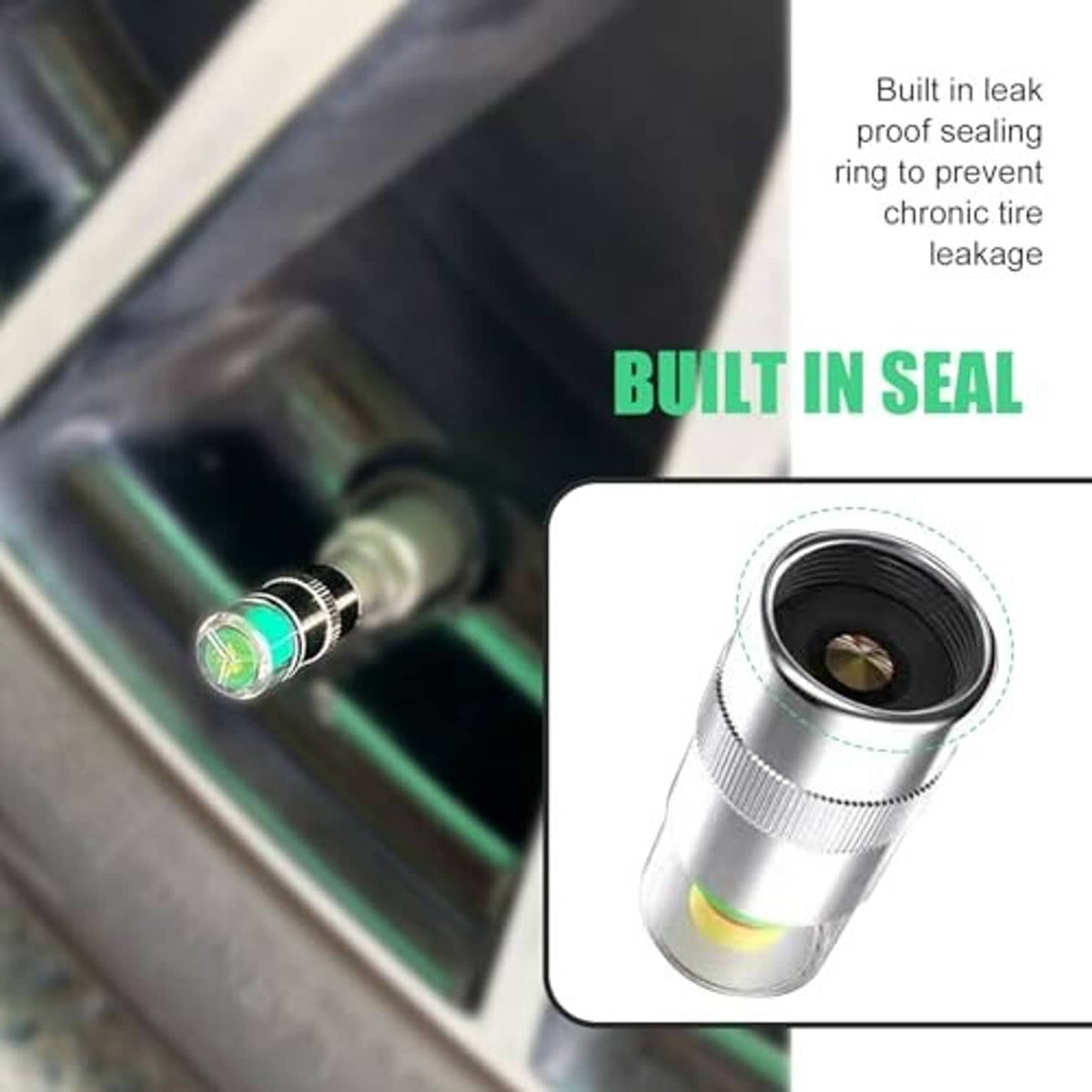Silver tire valve stem cap with built-in seal and green red indicator ring detail