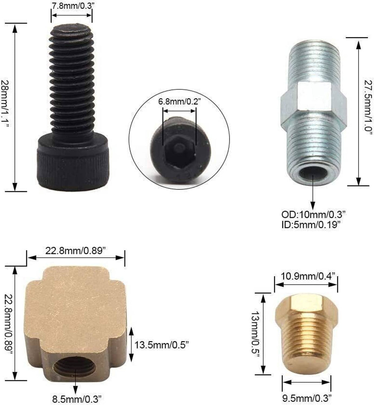 Oil feed line fitting set with blue and black plugs plus brass and metal adapters