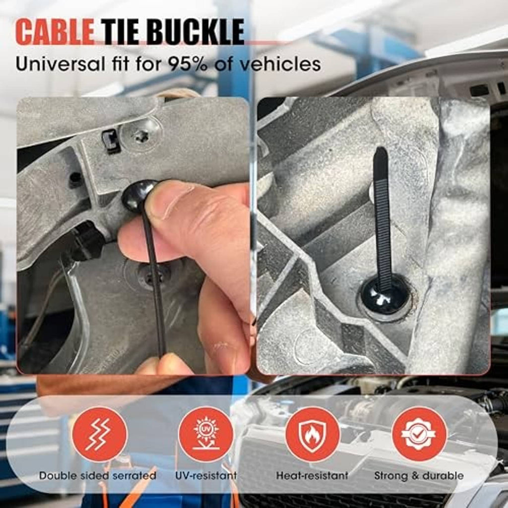 Black nylon cable tie with buckle fastened to gray car panel