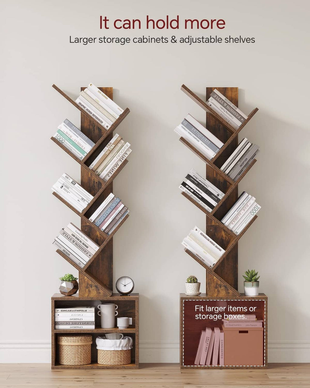 Brown 6-tier tree bookshelf with stacked angled shelves and open base storage cabinet