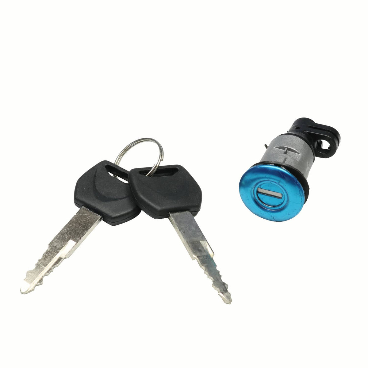 Keys with metal keyring and blue-topped ignition lock cylinder