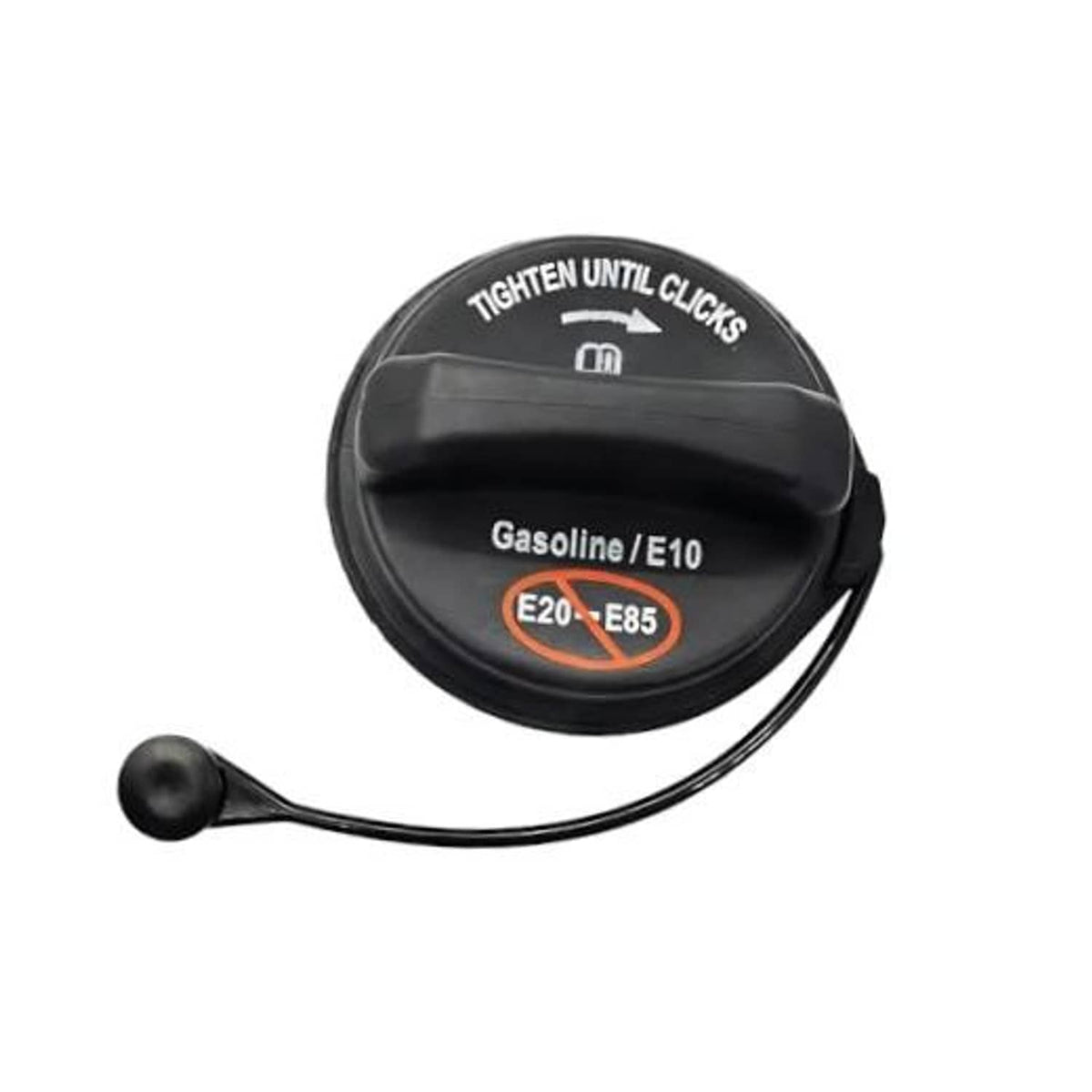 Gas tank cap with tether, black body and orange E20–E85 fuel label on top