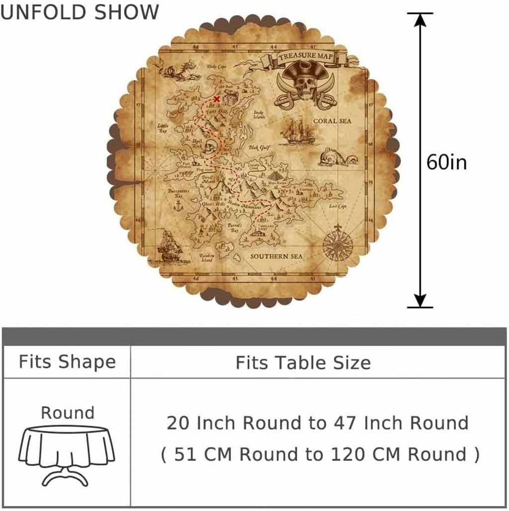 Round map-pattern tablecloth, 60 in diameter, scalloped edge size diagram