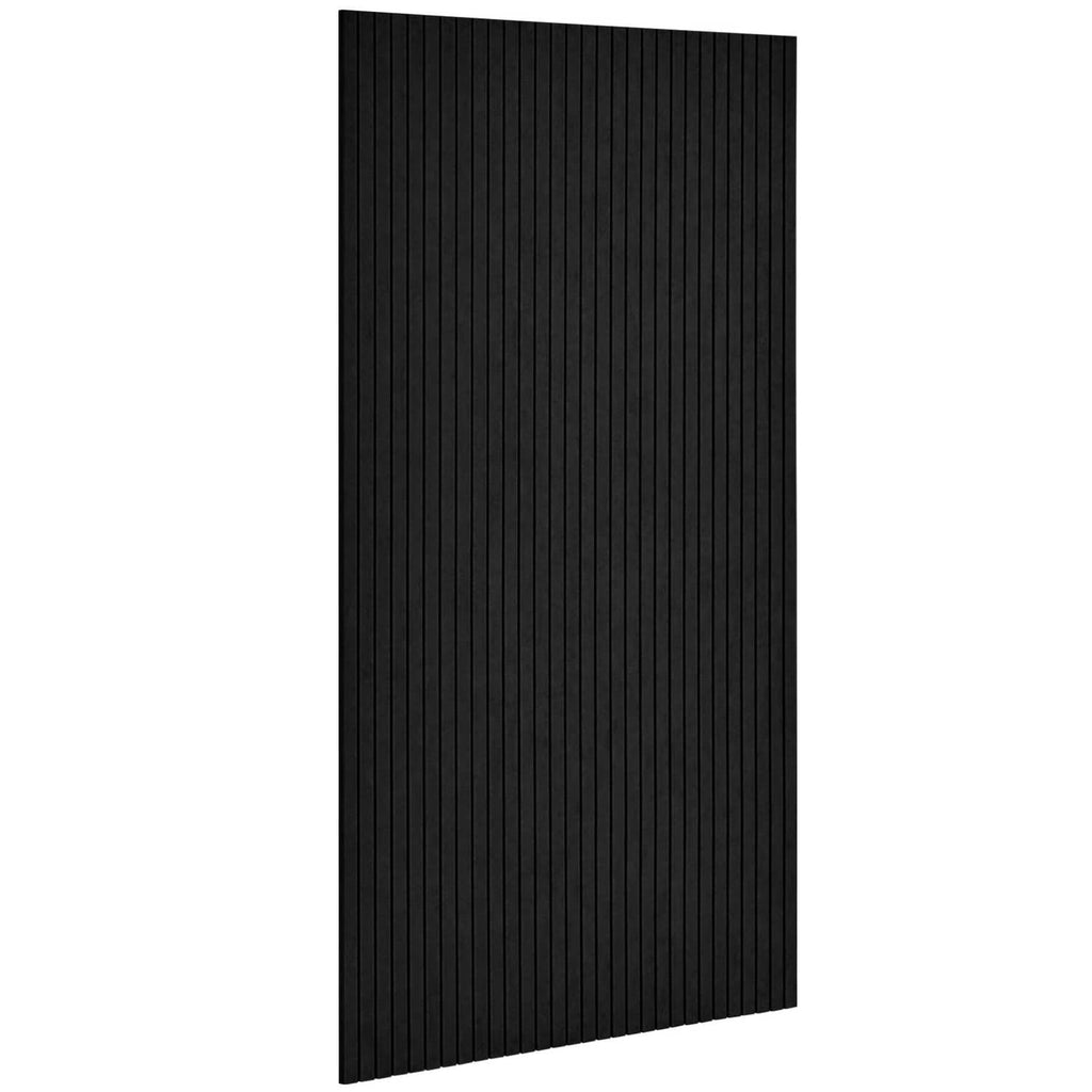 Black acoustic wall panel with vertical ridged stripes, angled view