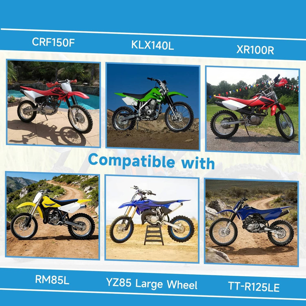 Compatibility graphic featuring dirt bikes with CRF150F, KLX140L, XR100R, RM85L, YZ85