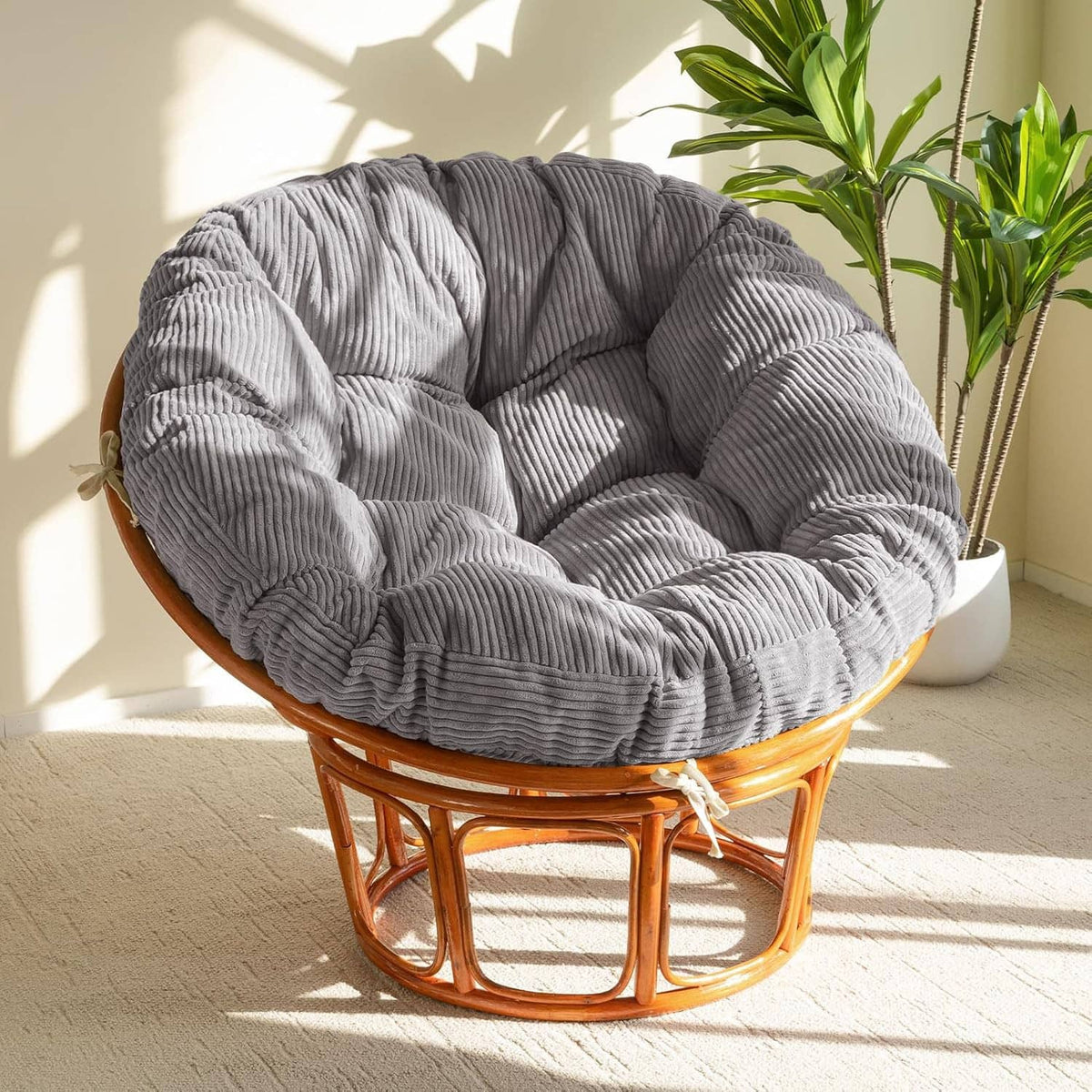 Gray corduroy papasan chair cushion, tufted seat with thick rounded edges