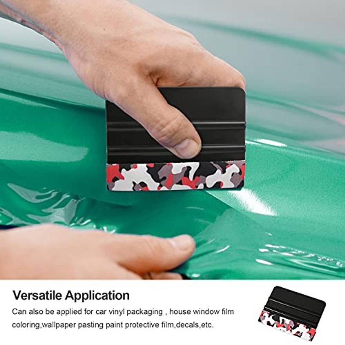 Handheld black vinyl squeegee applicator with camo sponge for applying window film
