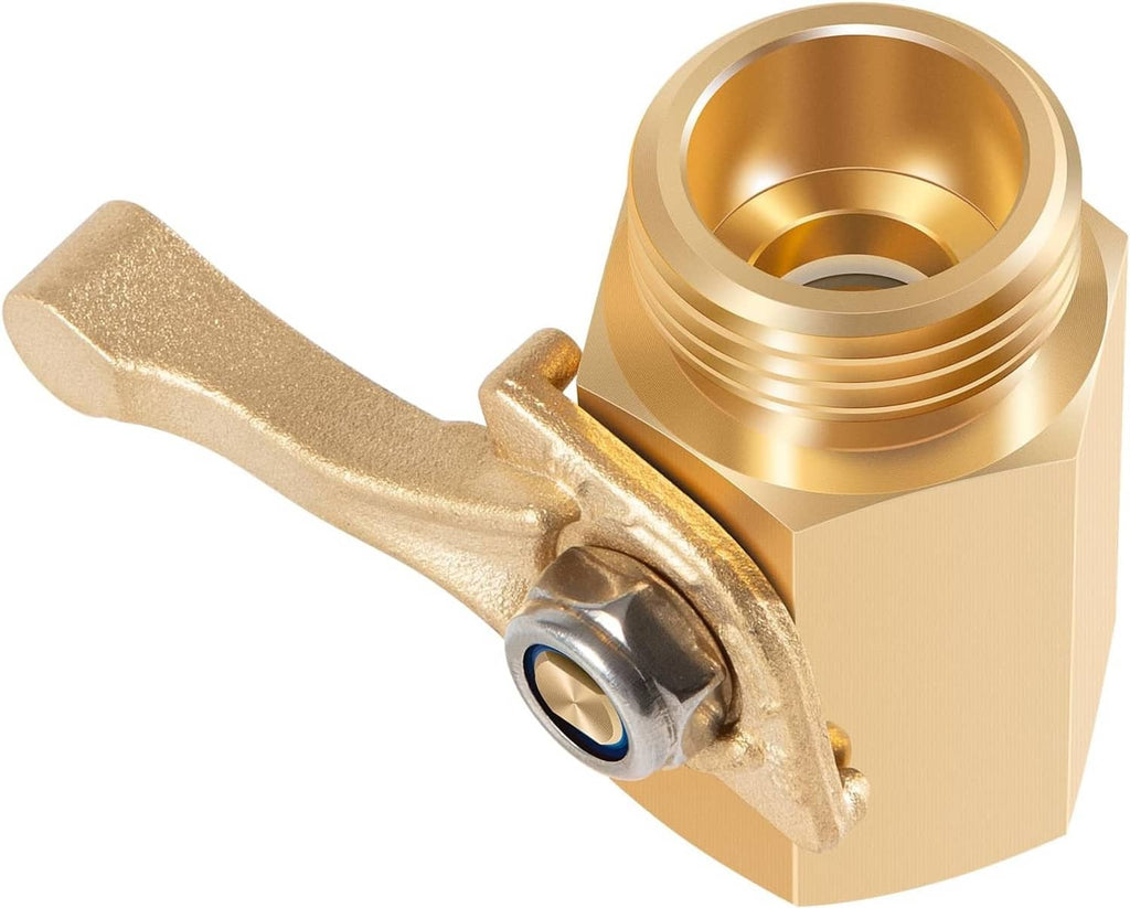 Brass shut-off valve close-up with lever handle and internal opening