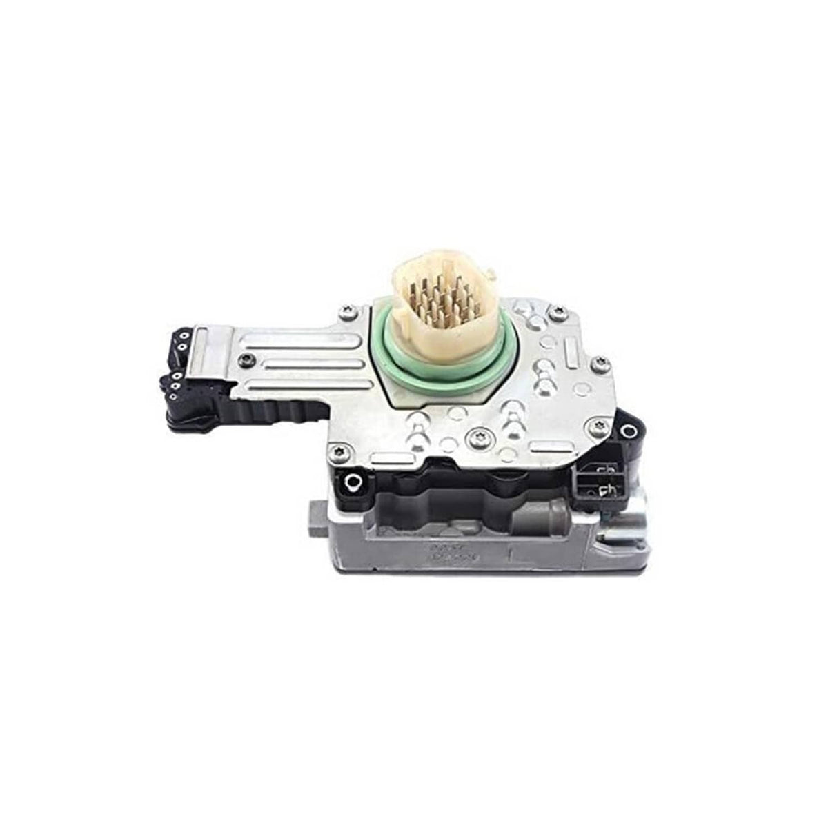 Transmission solenoid pack with beige multi-pin plug and green seal on silver body