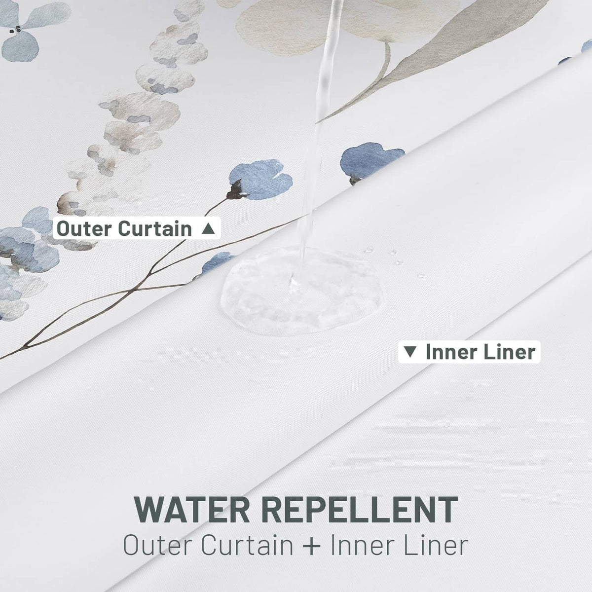 Two-layer shower curtain with water-repellent outer fabric and inner liner