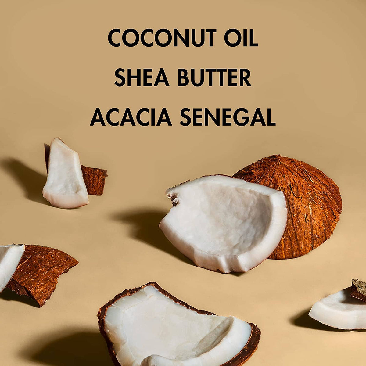 Coconut oil and shea butter ingredient visuals with coconut pieces