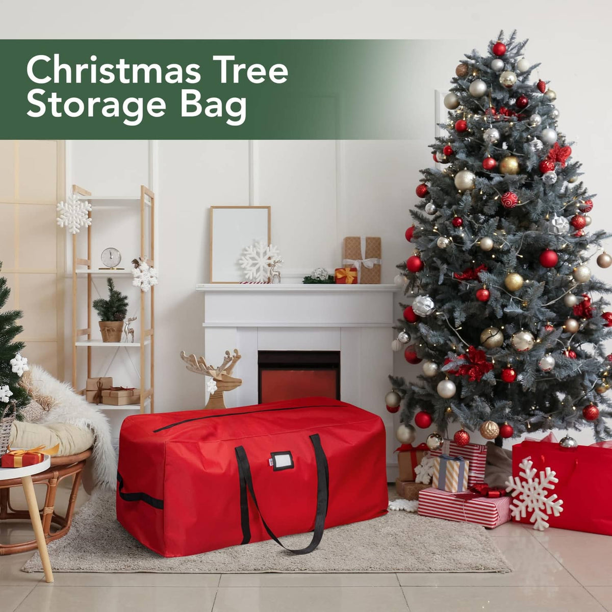 Red Christmas tree storage bag with black handles, covering a stored artificial tree