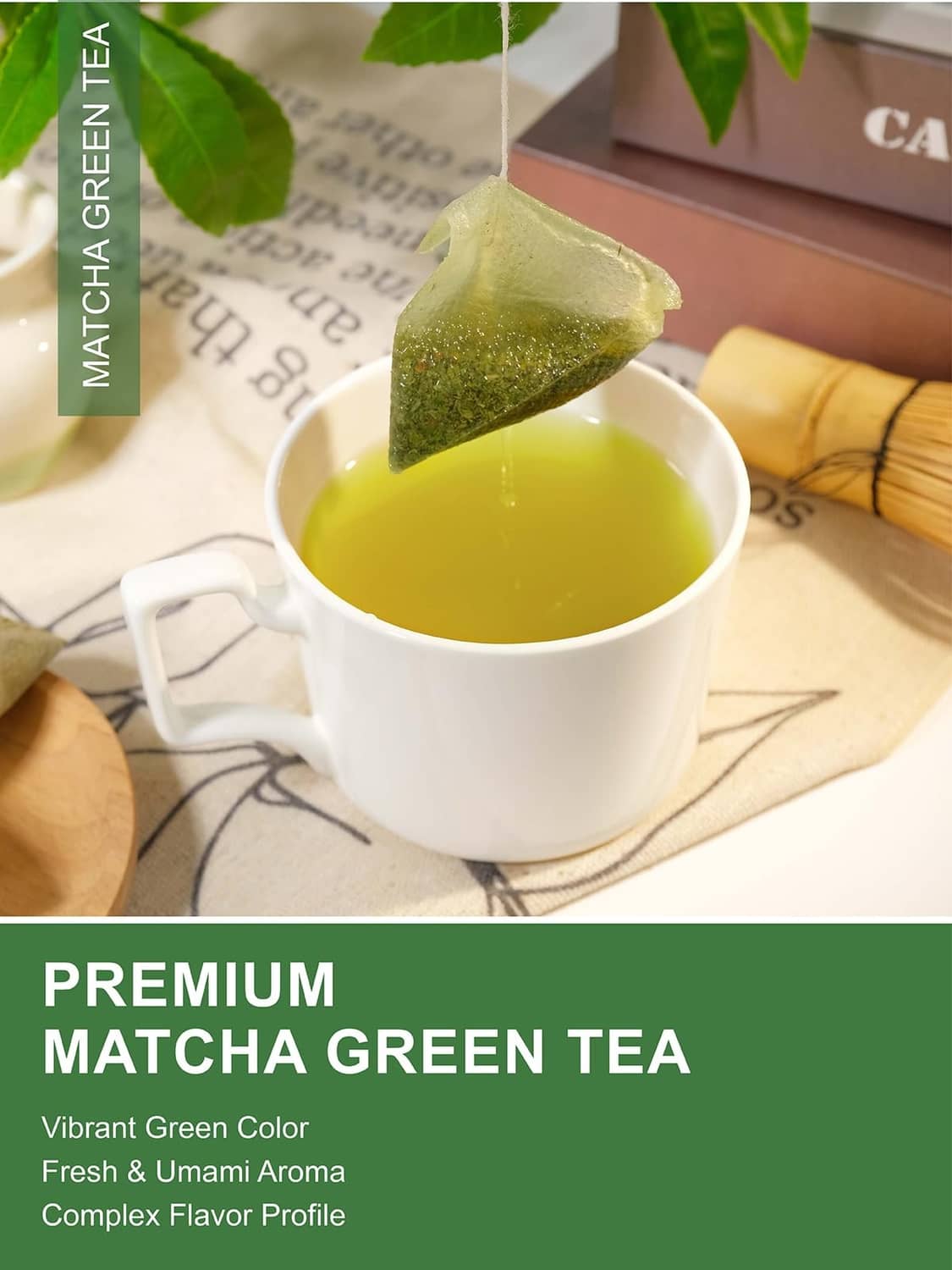 Matcha green tea cup with mug of pale green tea